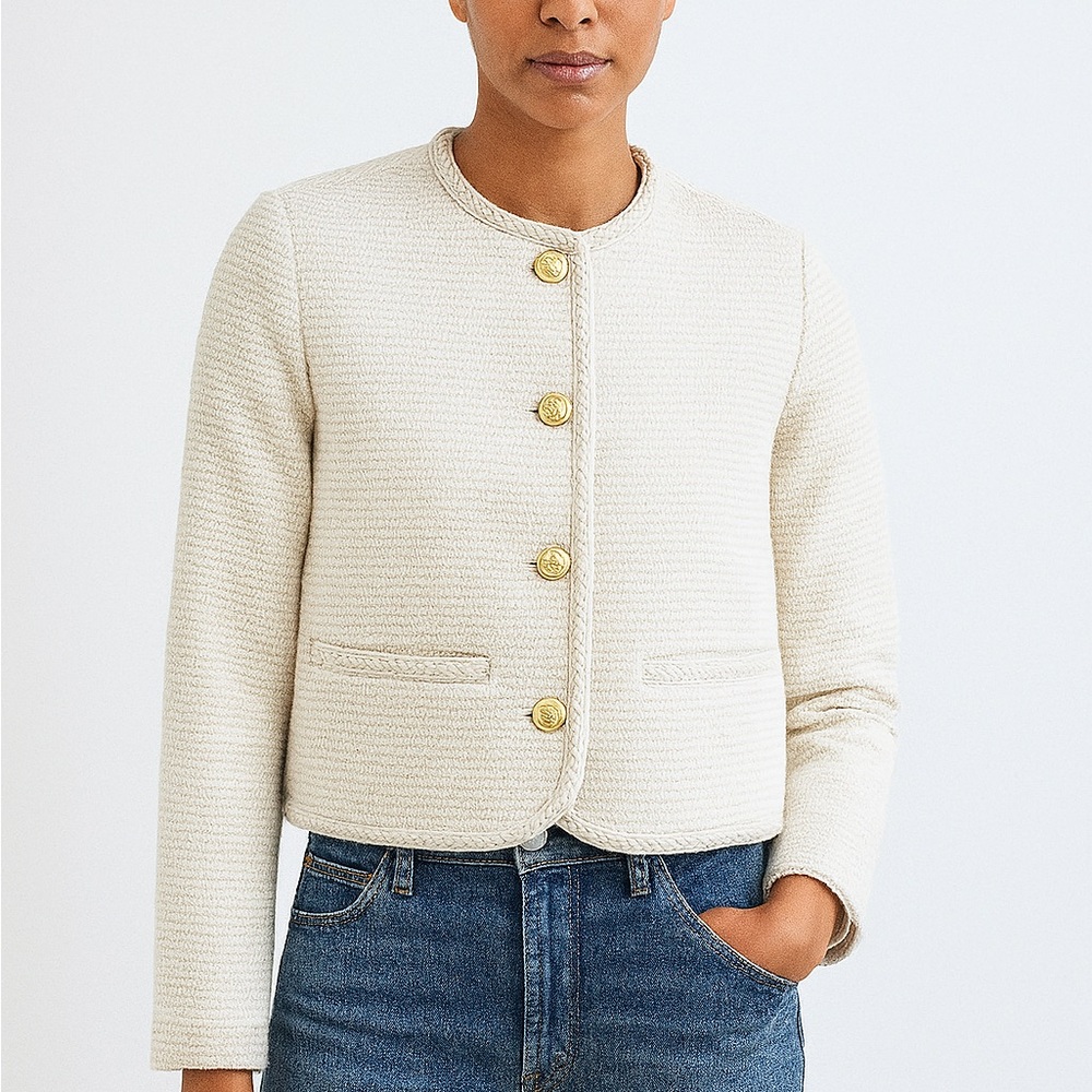 Classic Women's Cream Button-Up Collarless Jacket